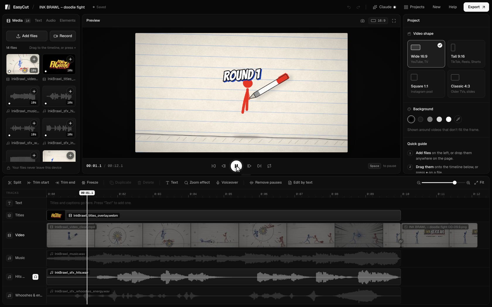 The EasyCut editor playing a video, with its tracks below